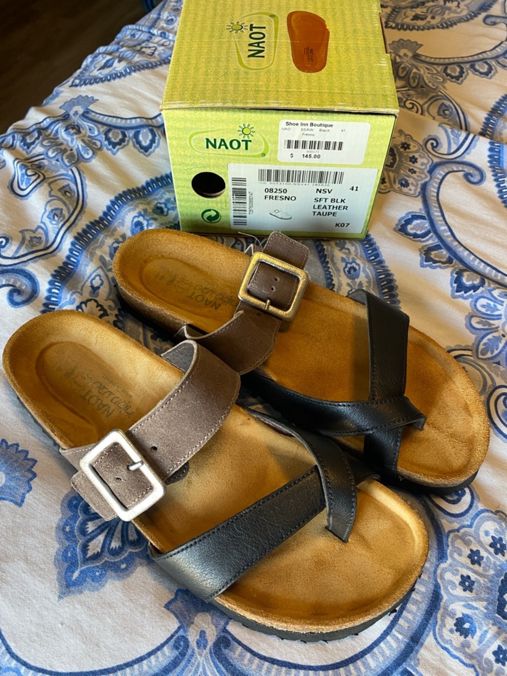 Naot Two-Tone Leather Slide Mules in Black & Brown with Buckle